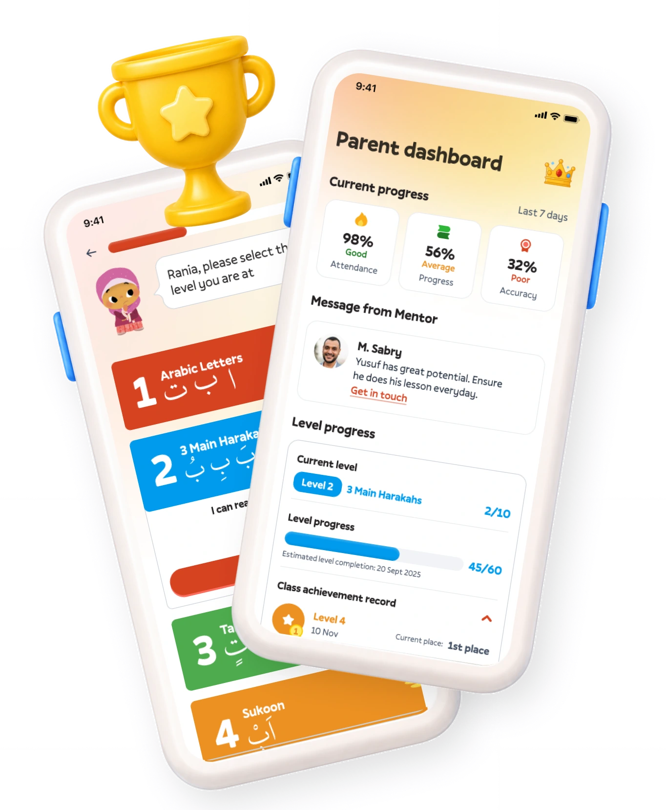 The Kiitab parent dashboard showing attendance, progress and accuracy