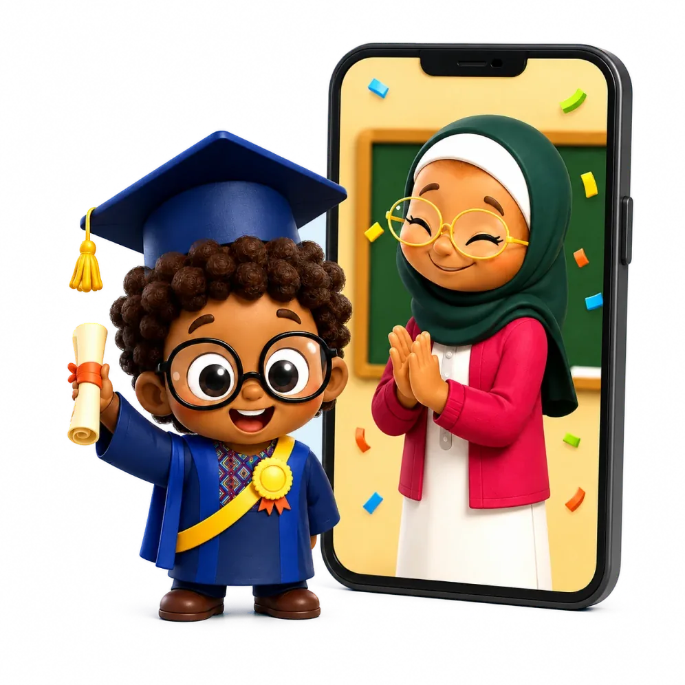 A graduating child beside their Kiitab teacher