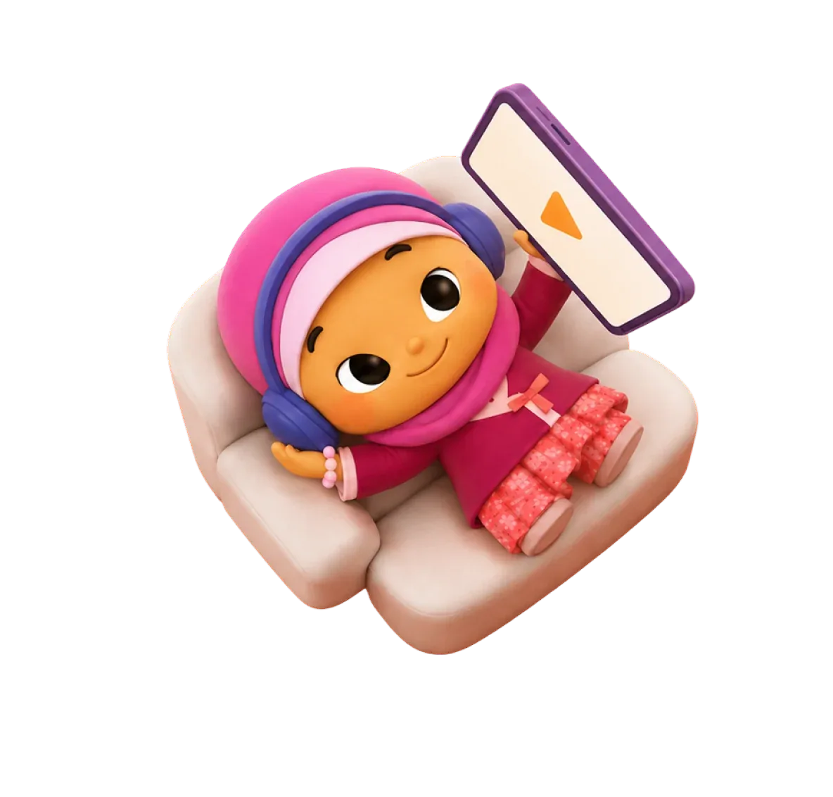 A child reciting from the Kiitab app while relaxing on a sofa